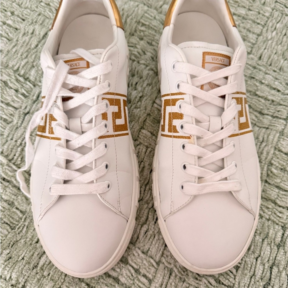 Versace White Sneakers with Gold Greek Key Detail